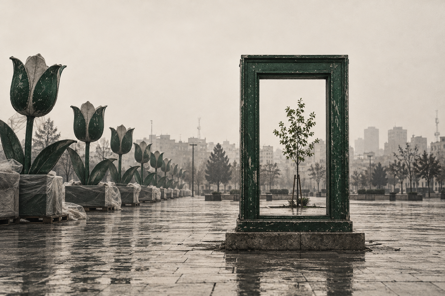 تصویرسازی مفهومی استقبال از بهار مشهد؛ المان‌های تکرارشونده و قاب سبز رو به نهالی در فضای شهری